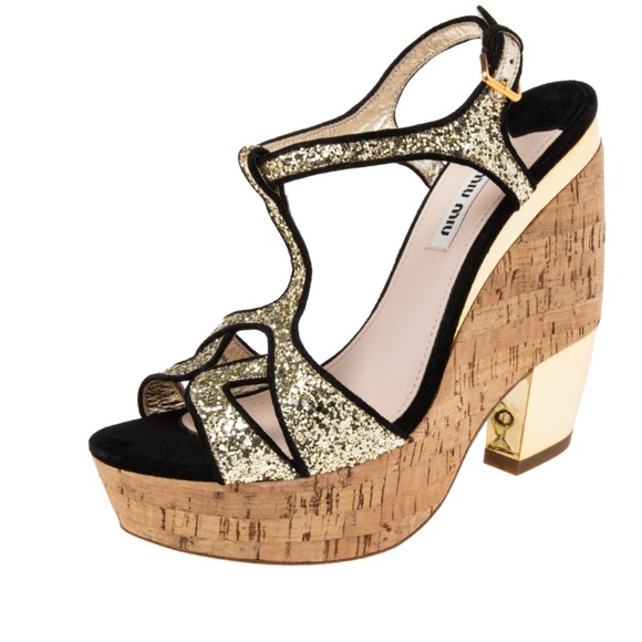 MIU MIU Gold Black Cork Wedge - Picture 1 of 7